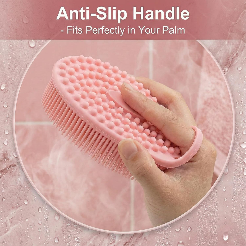 Silicone Body Scrubber Exfoliating- Dual-Use Bath and Shampoo Brush with Handle, Ideal Alternative to Loofah for Men and Women, Effective Skin Exfoliator for Showering and Back Care