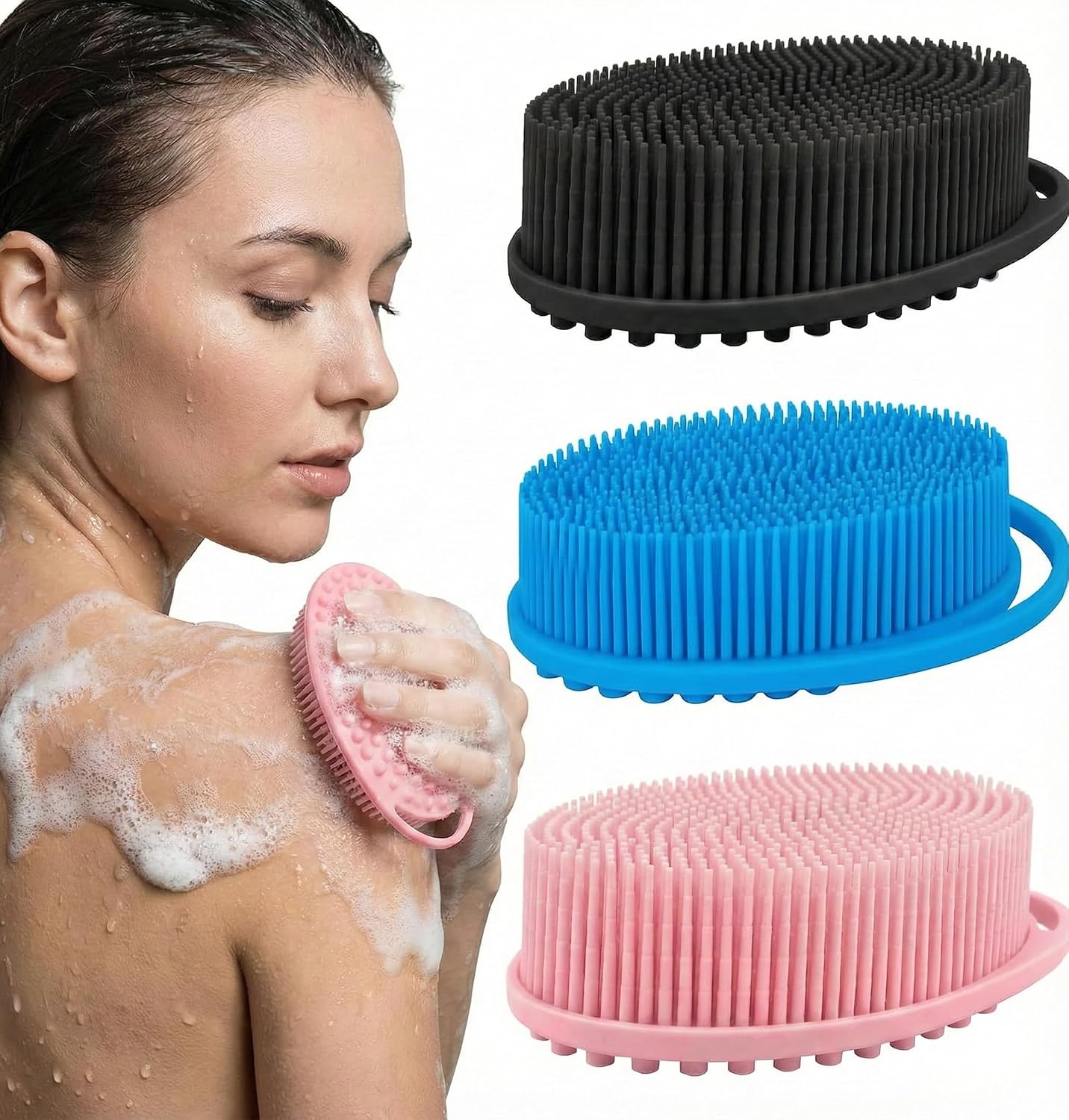 Silicone Body Scrubber Exfoliating- Dual-Use Bath and Shampoo Brush with Handle, Ideal Alternative to Loofah for Men and Women, Effective Skin Exfoliator for Showering and Back Care