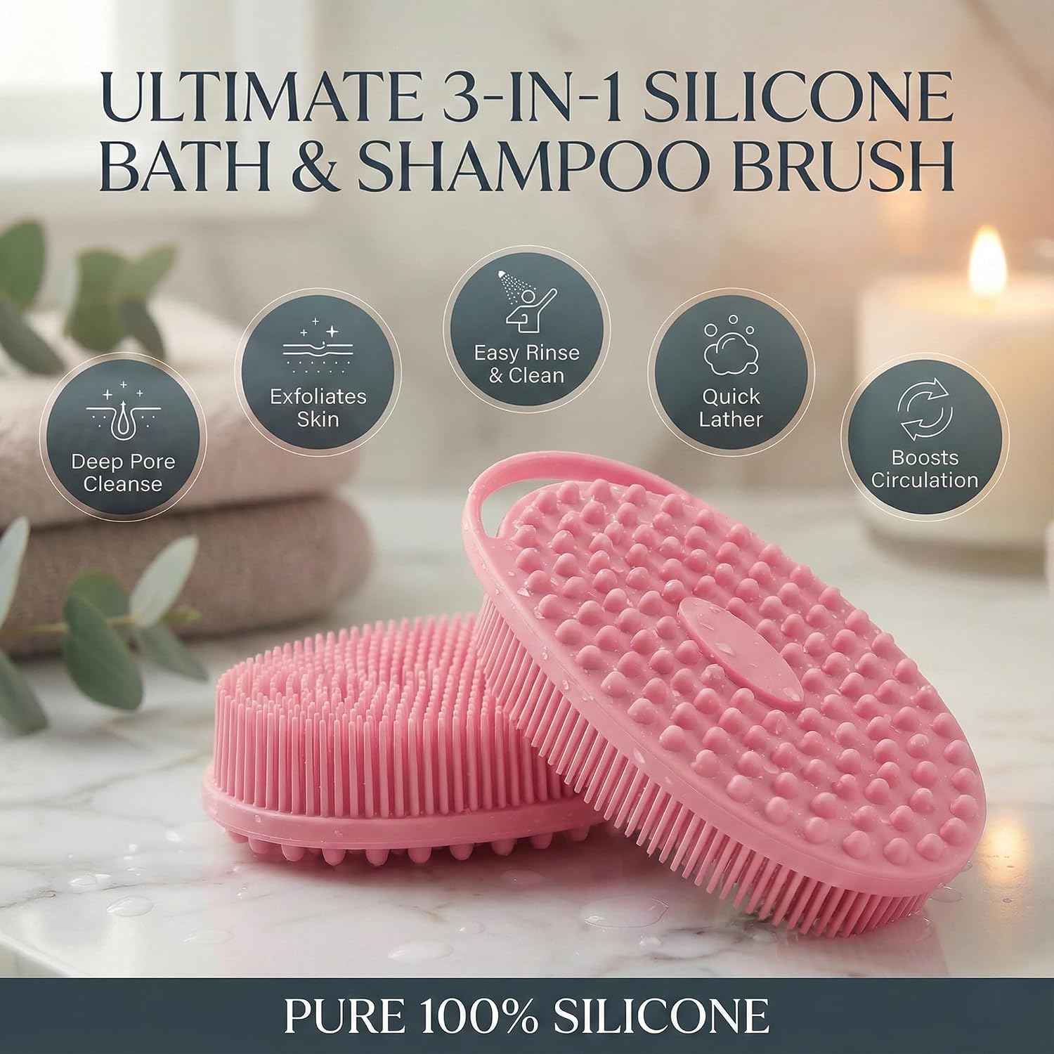 Silicone Body Scrubber Exfoliating- Dual-Use Bath and Shampoo Brush with Handle, Ideal Alternative to Loofah for Men and Women, Effective Skin Exfoliator for Showering and Back Care