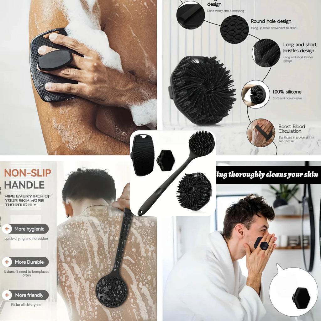 Soft Silicone Bath Brush Set with Non-Slip Handle - 1 to 4 Pieces, Easy to Clean and Ideal for Bathing