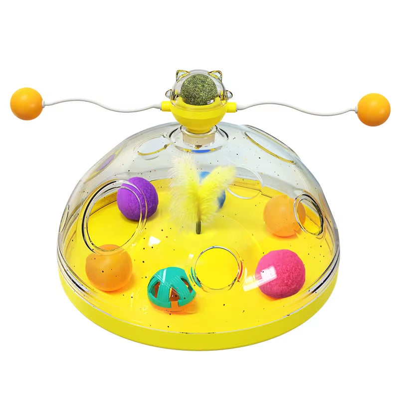 Cat Puzzle Toys Indoor for Kitten Interactive Games Spinning Track Balls & Feather Teaser Toy Stimulation Brain Treasure Chest